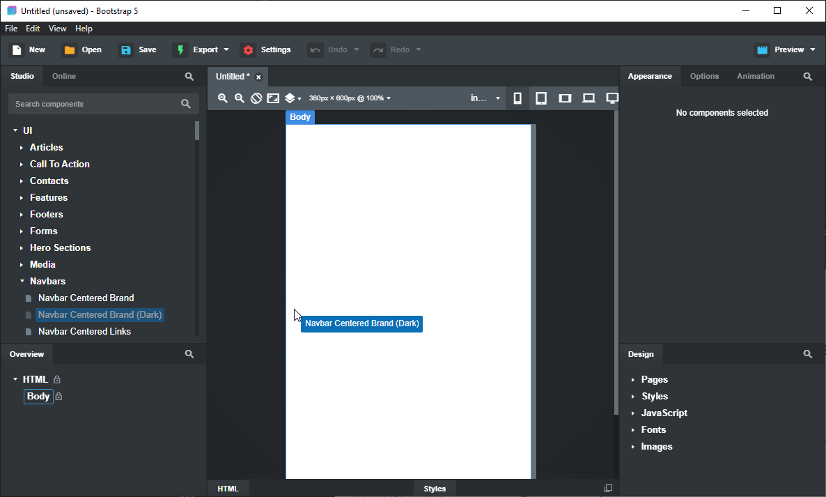 Добавление компонентов
